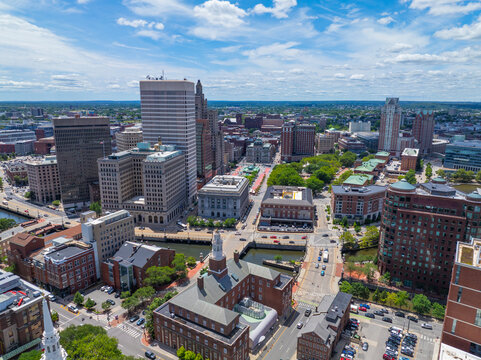 Providence modern city aerial view, including Industrial National Bank Building, One Financial Plaza, Residences Providence in downtown Providence, Rhode Island RI, USA.