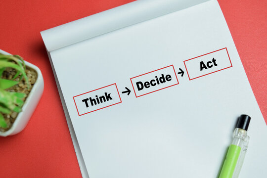 Concept of think decide act workflow write on book isolated on table. For decision making process and strategic planning