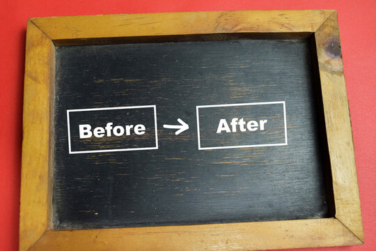 Chalkboard with phrase before and after on wooden desk. For change, process and transformation