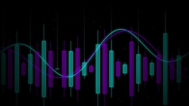 Neon financial candlestick chart and glowing waves