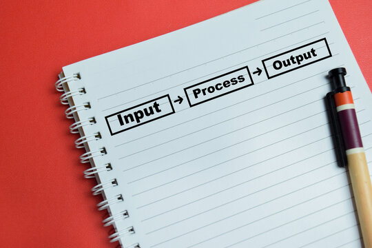Concept of input process output write on book isolated on table. For business workflow management and computer science