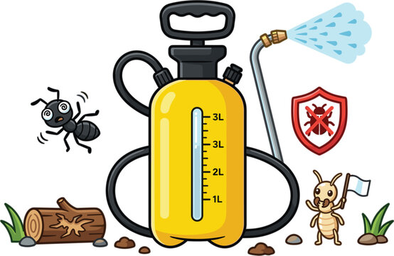 Pest Control Service Icon Set with Yellow Chemical Sprayer Tank Spraying Water Wand Shield Bug Protection Scared Ant and Termite Vector Illustrations