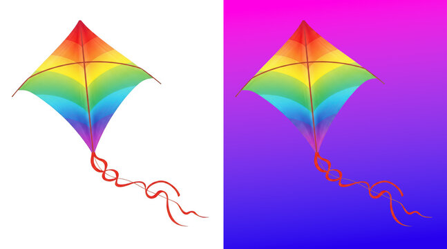 Colorful rainbow kite flying against vibrant sky background