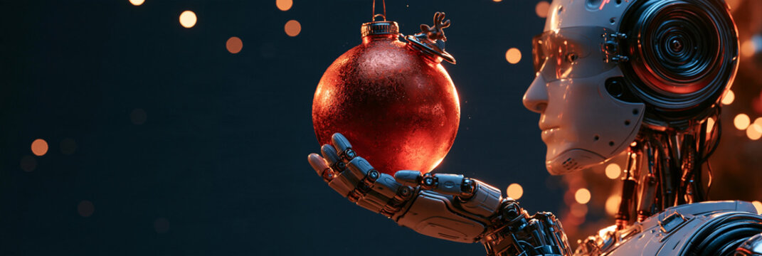 Roboterhand h&auml;lt rote Weihnachtskugel vor dunklem Bokeh-Hintergrund