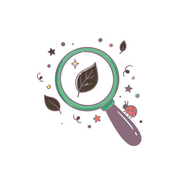 Magnifying glass with a leaf and ladybug represents nature exploration and scientific discovery.