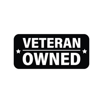 Veteran owned business label with bold white typography on a black rectangular badge with stars