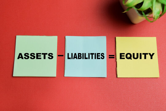 Concept of assets liabilities and equity write on sticky notes isolated on table. For accounting equation and financial planning