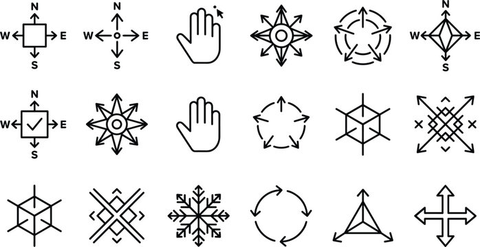 Navigation compass icons set with cardinal directions arrows hands drag gesture and geometric geometric elements vector graphic