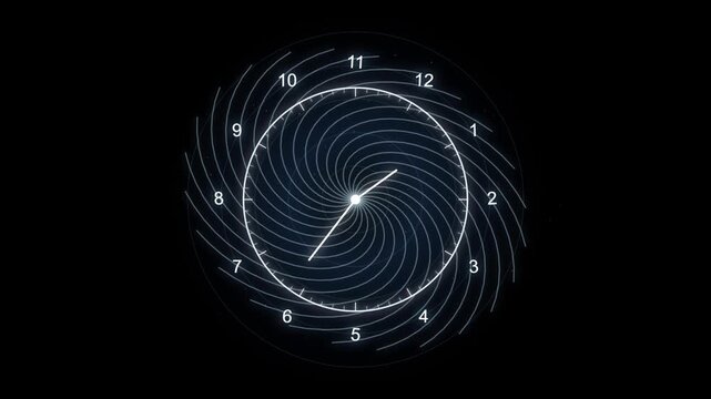 Abstract spiral clock face with glowing hands on black