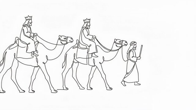 continuous line drawing of middle eastern three wise men riding camels with servants following star. biblical magi journey, christmas epiphany story, minimal illustration.