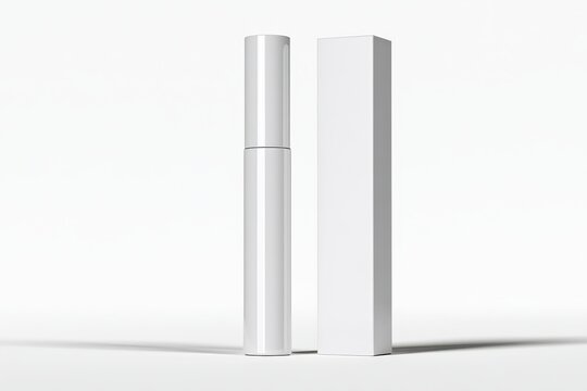 Minimalist mascara packaging design: blank tube and box on a white backdrop, 3D illustration