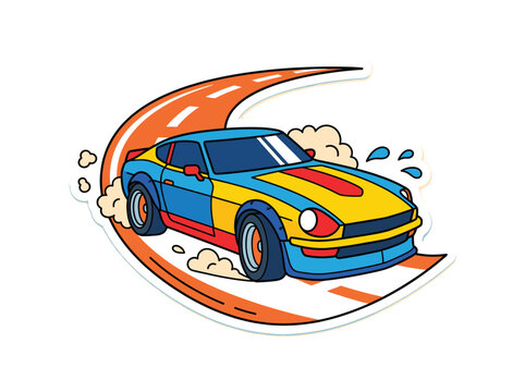 Racing car vector illustration drifting fast on curved orange track with smoke and motion lines