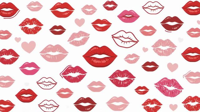 red and pink lipstick kiss marks and lips print pattern on white background. romance, love, and cosmetic concept. beauty vlog, greeting card, fashion backdrop