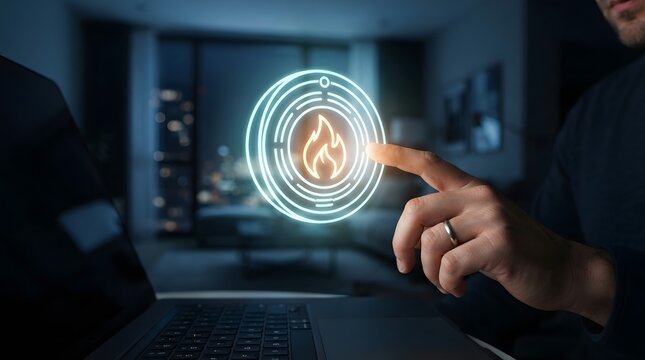 Man using smart home technology to control a fire alarm and smoke detector via a digital holographic interface in a modern dark apartment at night.