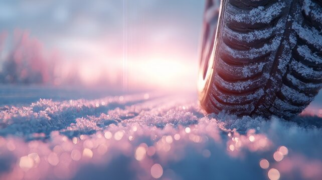Winter tire on snowy road at sunset, car wheel driving on frozen ground, cinematic automotive safety concept in cold weather
