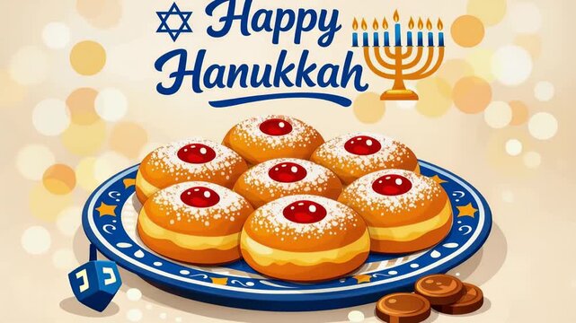 Happy hanukkah plate of jelly donuts and chocolate gelt with dreidel and menorah illustration for festive holiday celebration