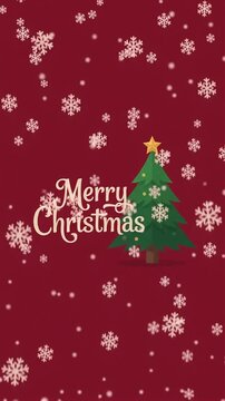 Merry Christmas festival greeting with christmas tree and falling snow motion graphic, ai generated