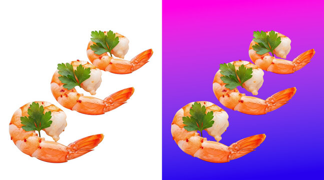 Cooked shrimp garnished with parsley on purple background
