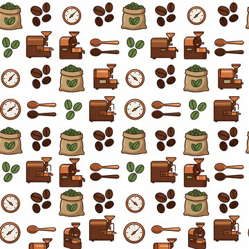 Seamless pattern with coffee roasting equipment and beans on a white background.