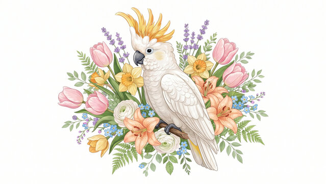 White cockatoo perched among spring flowers illustration