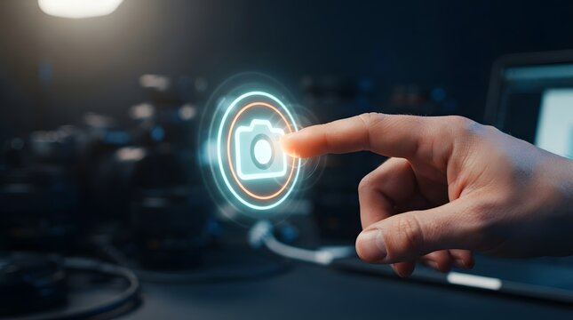 A person's hand touching a glowing digital camera icon in a modern dark studio setting, symbolizing digital photography technology, innovation, and creative image capturing software.