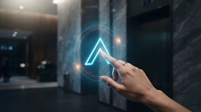 Hand Touching Glowing Blue Futuristic Hologram Arrow in Modern Corporate Building Lobby for High Tech Progress Concept