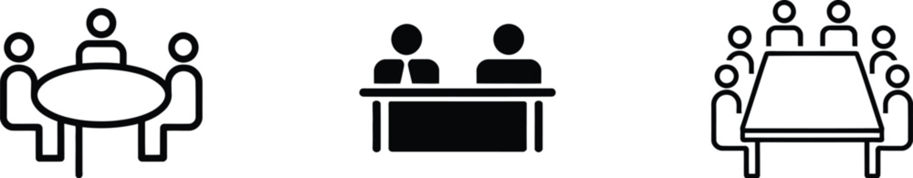 People, at the table, business meeting icons showing teamwork collaboration conference discussion and group communication around round and square tables