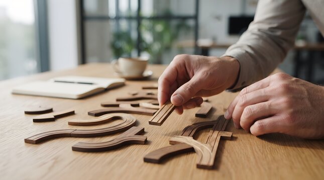 Businessman hands arranging wooden pathway puzzle pieces on desk choosing path strategic planning and decision making concept illustration.