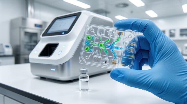 Scientific analyzer with microfluidic cartridge held by gloved hand in modern laboratory, sterile vial and diagnostic equipment supporting precise medical testing and research work