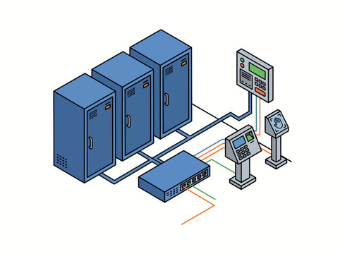 Isometric data center network architecture illustration showcasing server towers connected to routing consoles and switches.