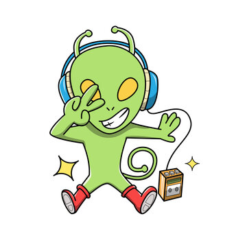 Cute green alien wearing headphones and listening to music from a retro cassette player walkman while making a peace sign vector illustration