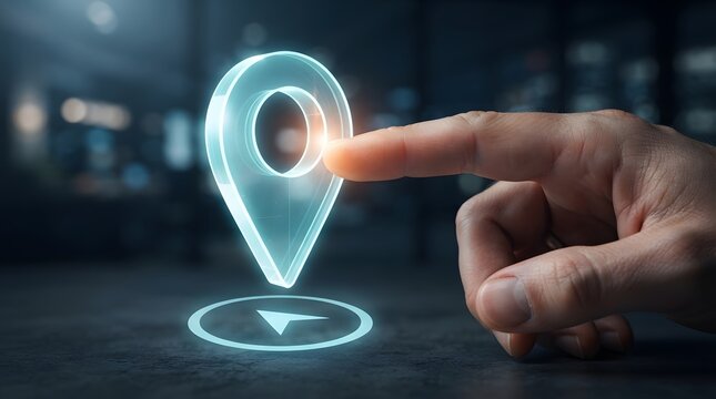 Close-up of a finger touching a glowing 3D digital location pin hologram, symbolizing GPS navigation, smart tracking technology, and global positioning services in a dark office setting.