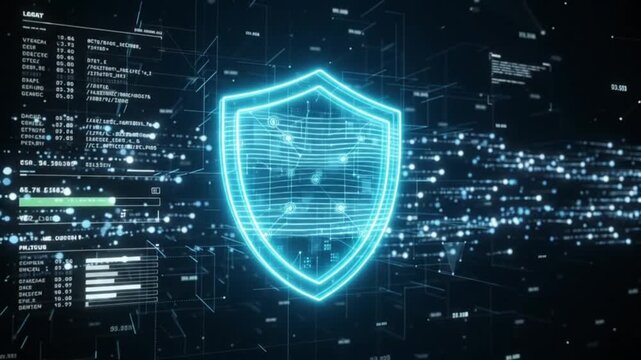 Glowing digital shield symbol floating in cyberspace represents advanced network security systems protecting sensitive private data against external threats within this dynamic motion graphics animati