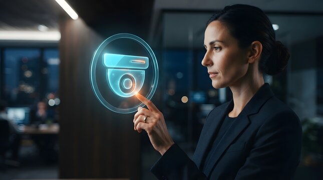 Businesswoman interacting with a digital surveillance camera hologram in a modern corporate office at night for smart security and property protection