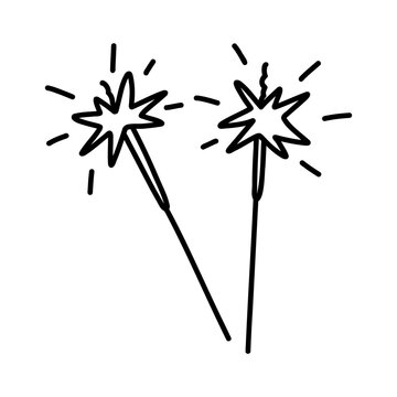 Hand drawn New Year doodle with two sparkling star sparklers, festive celebration symbol for holiday greeting cards, invitations, posters, party stationery and event design