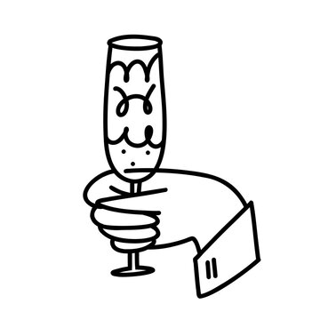Hand drawn New Year party doodle with hand holding a champagne flute, festive toast and celebration concept for holiday cards, invitations, posters, events and social media
