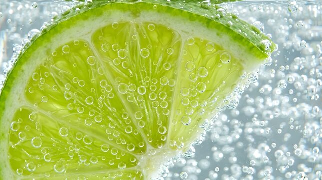 Lime slice in sparkling water with refreshing bubbles and bright green citrus.