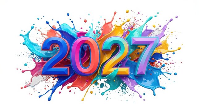 Colorful 2027 numbers with paint splashes, colorful