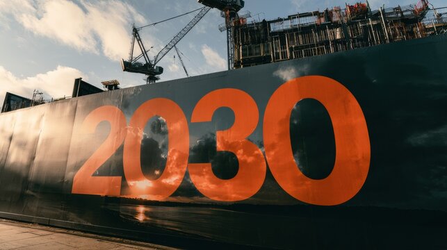 A construction site shows a bold 2030 on hoarding. Cranes tower above and a building frame is visible. The scene captures ongoing construction work.