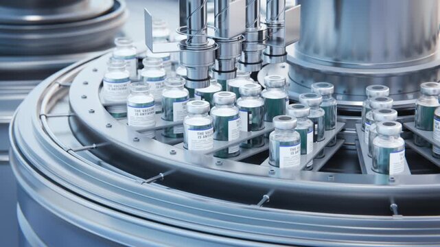 Factory for the production of medical drops or insulin or ampoules for injections. Line for packaging bottles with saline or vaccine. 3d render animation looped