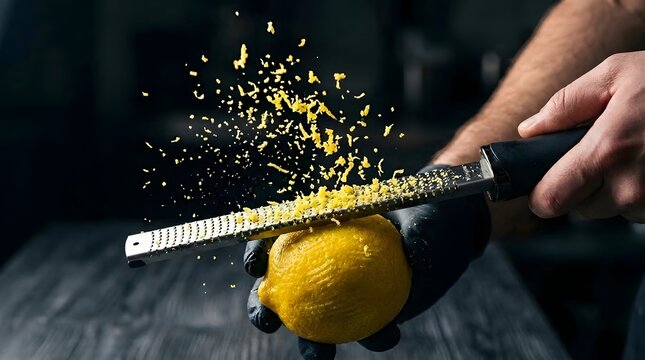 Lemon zest being grated with yellow citrus peel flying in dark mood lighting.