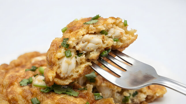 Kai jeow pu or Thai crab omelet, scooped by a fork in macro shot on solid white. Seafood, Southeast Asian cuisine, and street food assets
