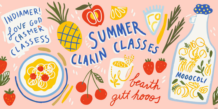 A colorful vector illustration depicts various fruits vegetables and handwritten text on a pink background apple banana