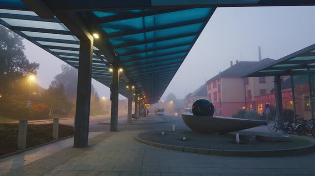Ceska Trebova, Czechia - 22 September 2026: View of a modern bus station transport hub featuring a glass canopy and a fountain with a black sphere under a foggy morning sky.