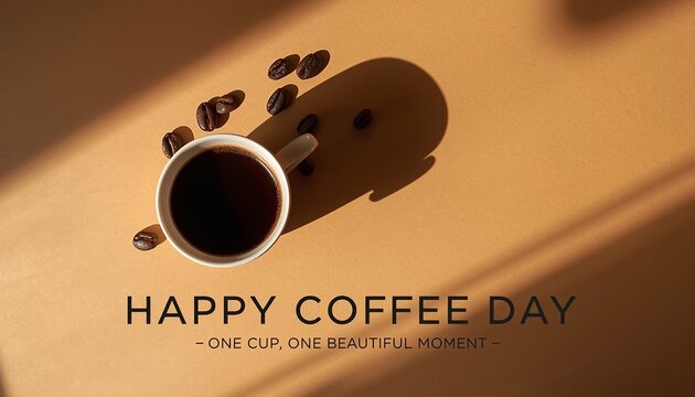 Freshly brewed aromatic coffee cup surrounded by roasted beans arranged artfully on a warm beige background with bright natural sunlight casting long elegant shadows for a morning celebration concept