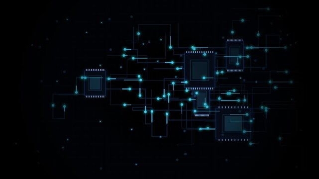 Abstract digital network expanding with glowing nodes against dark background representing data flow