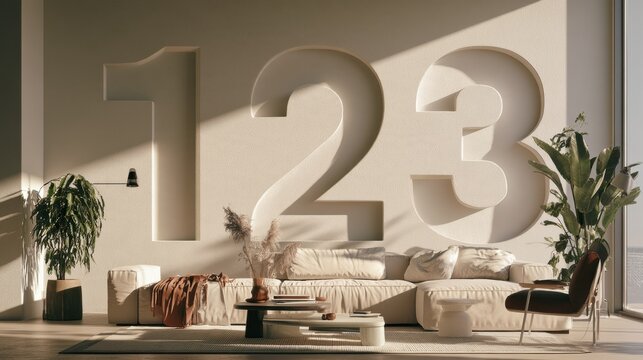 Large scale numbers 1, 2, and 3 appear as wall graphics in minimal design on a warm white wall in an interior room featuring plants and furniture.