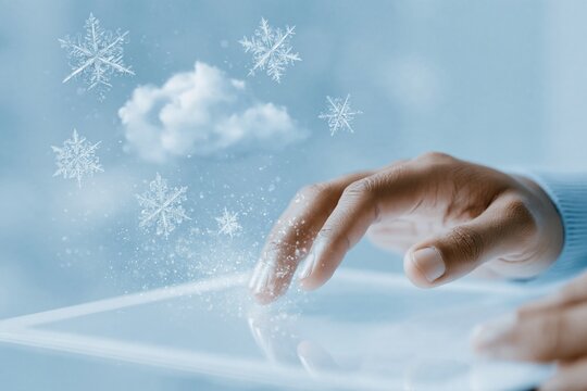 Hand of a South Asian man touching a frost white panel with floating snowflakes and clouds for winter travel and weather alerts