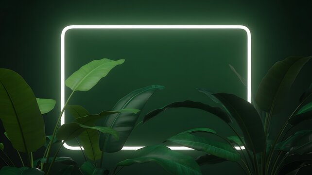 Glowing neon frame surrounded by tropical green leaves on a dark background