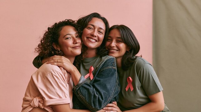 Three women wearing awareness ribbons stand together in a warm, natural embrace against a pink seamless wall for community support and health campaigns